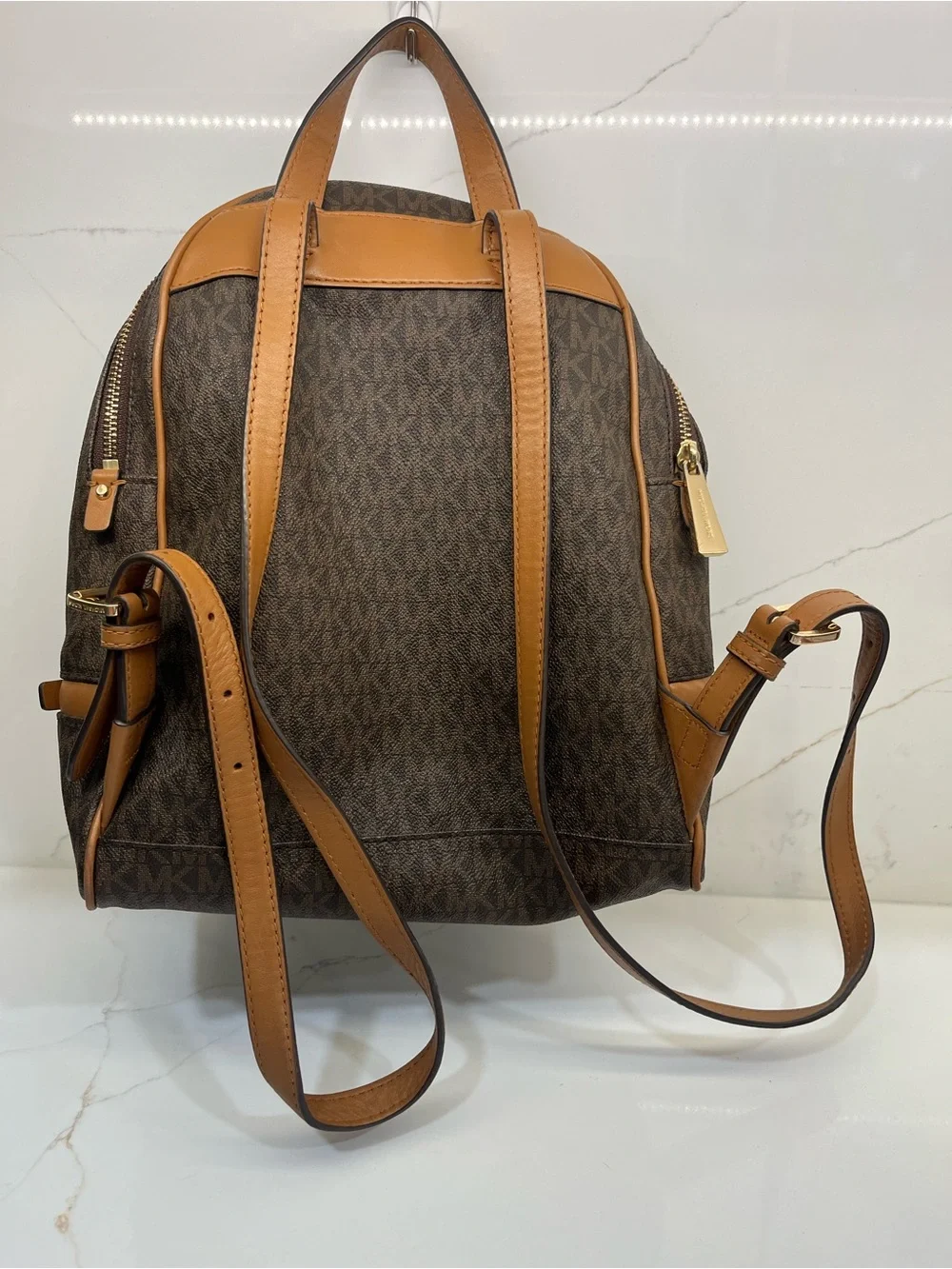 Michael Kors Brown MK Signature Logo Backpack Tan Gold Hardware